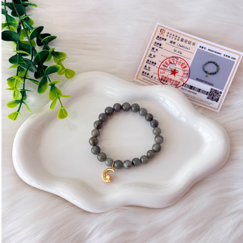 Authentic Jade Beaded Bracelet with Gold Dragon on the Moon Charm Jadeite 21.57g